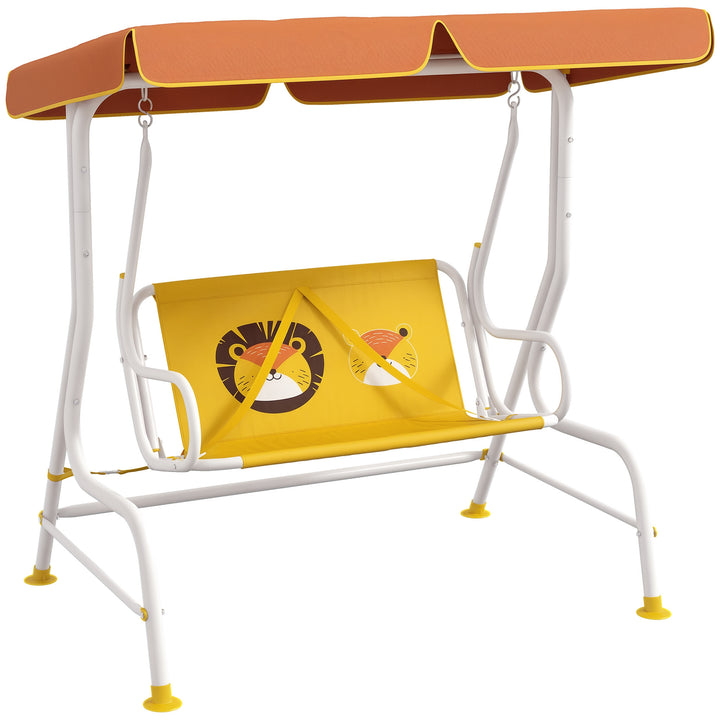 Balanço de Jardim Exterior Balanço de Jardim Infantil de 2 Lugares com Padrão de Leão Toldo Ajustável em Ângulo Carga 60 kg 110x70x110 cm Amarelo
