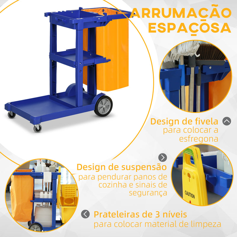 Carro de Limpeza com Bolsa Carrinho de Limpeza com Rodas e 3 Prateleiras Carro para Limpeza de Hotel 121x50,5x96,5 cm Azul e Amarelo