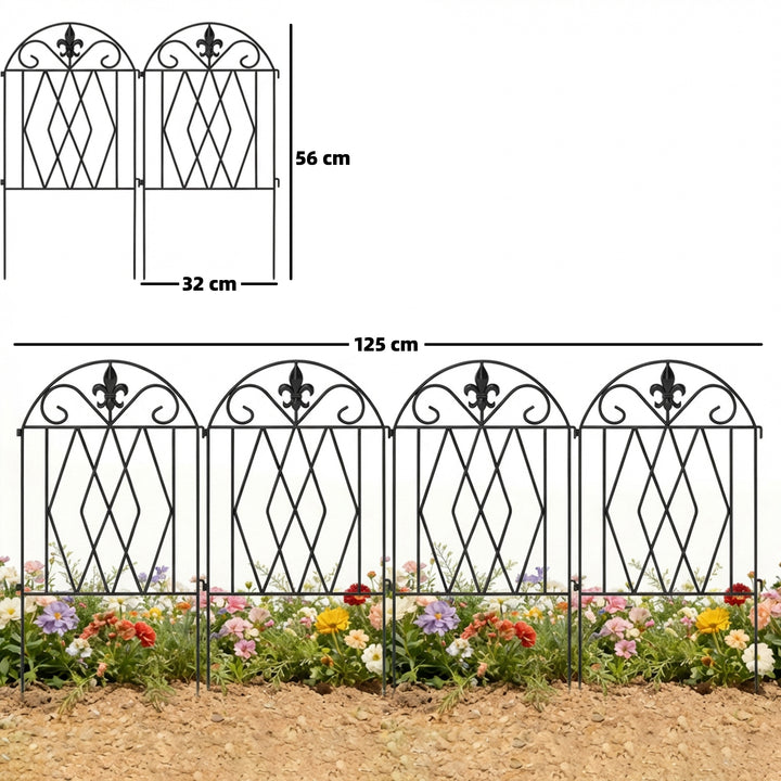 Conjunto de 4 Cercas de Jardim em Metal 125x56 cm Cercas Decorativas para Jardim com Design Arqueado Resistentes e Fáceis de Instalar para Horta Pátio Terraço Relvado Preto
