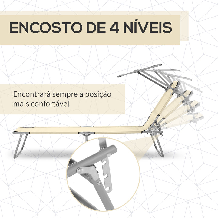Espreguiçadeira de Jardim Dobrável com Toldo Removível e Ajustável em Ângulo e Encosto Ajustável em 4 Posições para Jardim Terraço Campismo Exterior 187x58x36 cm Bege