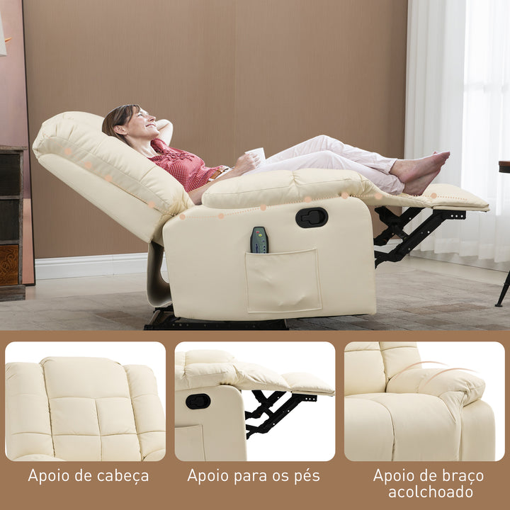 Poltrona de Massagem Poltrona Relax Reclinável com 8 Pontos de Massagem Controlo Remoto Estofada em PU Apoio para Pés Bolso Lateral Poltrona para Sala de Estar Quarto 94x99x99 cm Creme