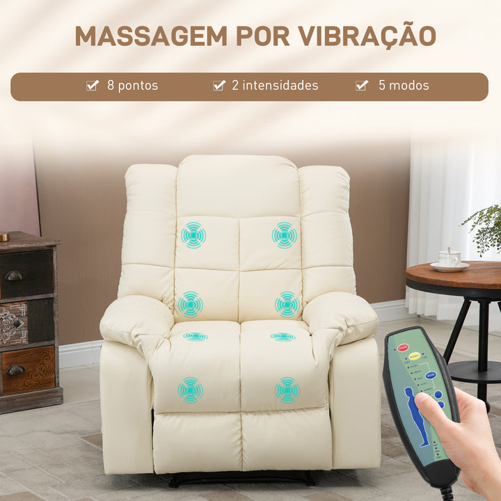 Poltrona de Massagem Poltrona Relax Reclinável com 8 Pontos de Massagem Controlo Remoto Estofada em PU Apoio para Pés Bolso Lateral Poltrona para Sala de Estar Quarto 94x99x99 cm Creme