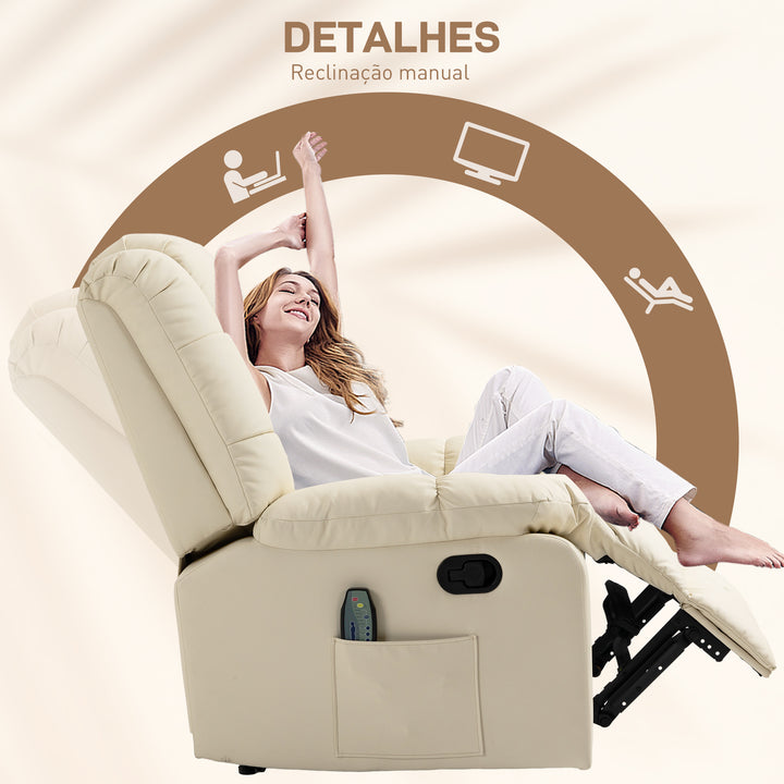 Poltrona de Massagem Poltrona Relax Reclinável com 8 Pontos de Massagem Controlo Remoto Estofada em PU Apoio para Pés Bolso Lateral Poltrona para Sala de Estar Quarto 94x99x99 cm Creme