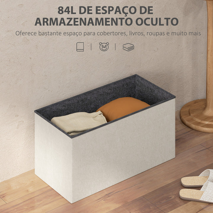Banco com Armazenamento 84 L Banco de Arrumação Dobrável 76x38x38 cm Estofado em Linho Sintético Baú de Arrumação Capacidade 120 kg Banco para Sala de Estar Quarto Entrada Creme