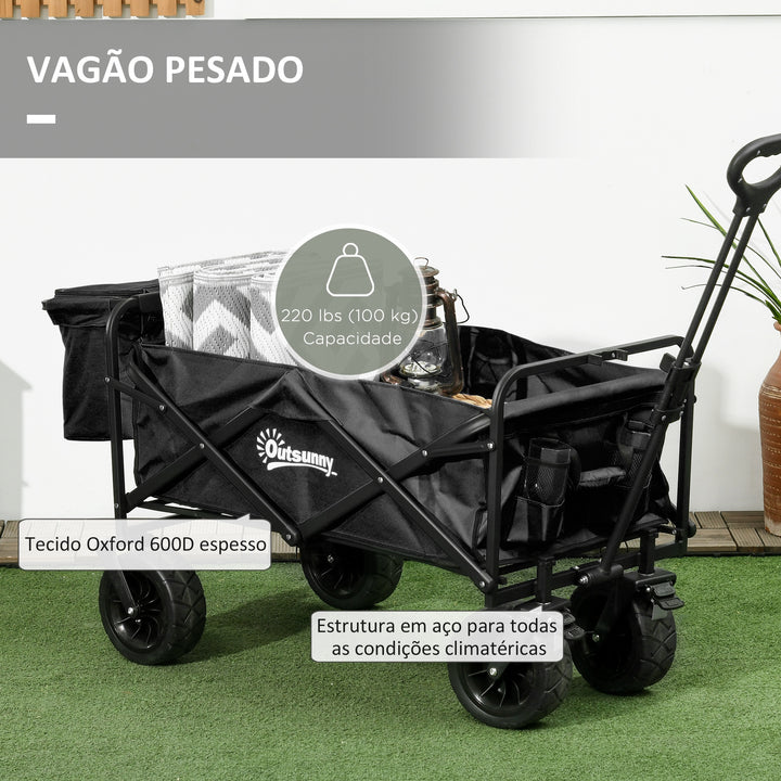 Carrinho de Transporte com Bolsa Térmica Removível Carrinho Dobrável com Alça Ajustável e Bolsa de Transporte Capacidade 100 kg para Campismo Praia 113x57x77-100 cm Preto