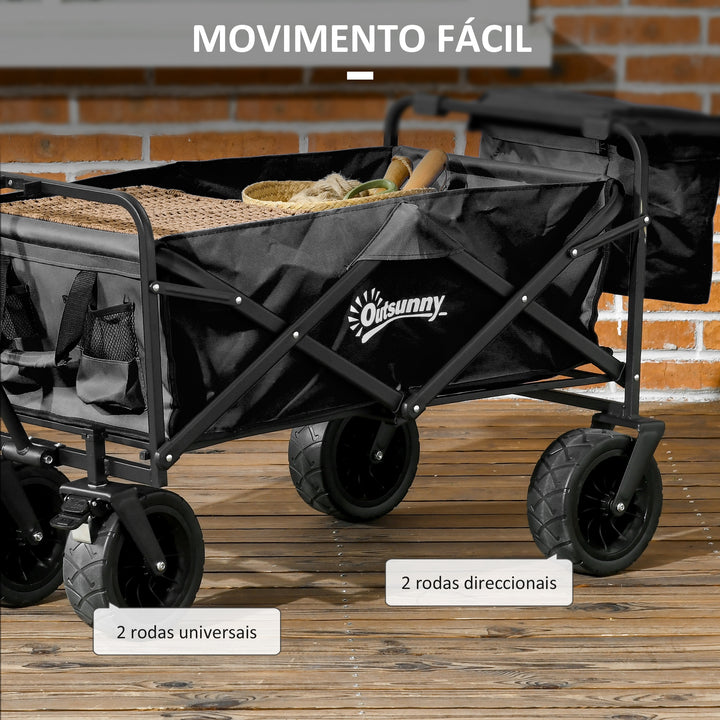 Carrinho de Transporte com Bolsa Térmica Removível Carrinho Dobrável com Alça Ajustável e Bolsa de Transporte Capacidade 100 kg para Campismo Praia 113x57x77-100 cm Preto
