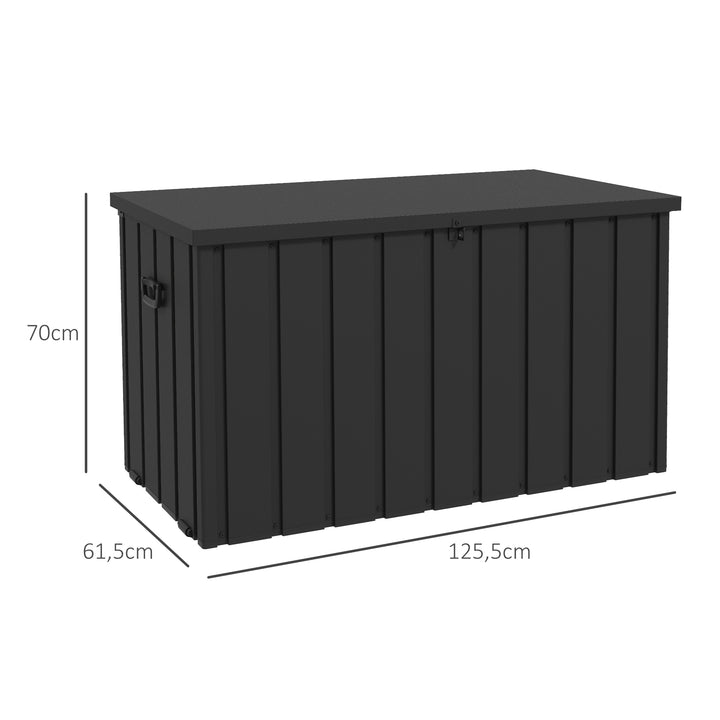 Baú Exterior com Capacidade de 450L Baú de Armazenamento em Aço com 4 Rodas 2 Pegas e Tampa com Ranhura para Cadeado Resistente às Condições Climáticas para Jardim Terraço Pátio 125,5x61,5x70 cm Cinzento Escuro