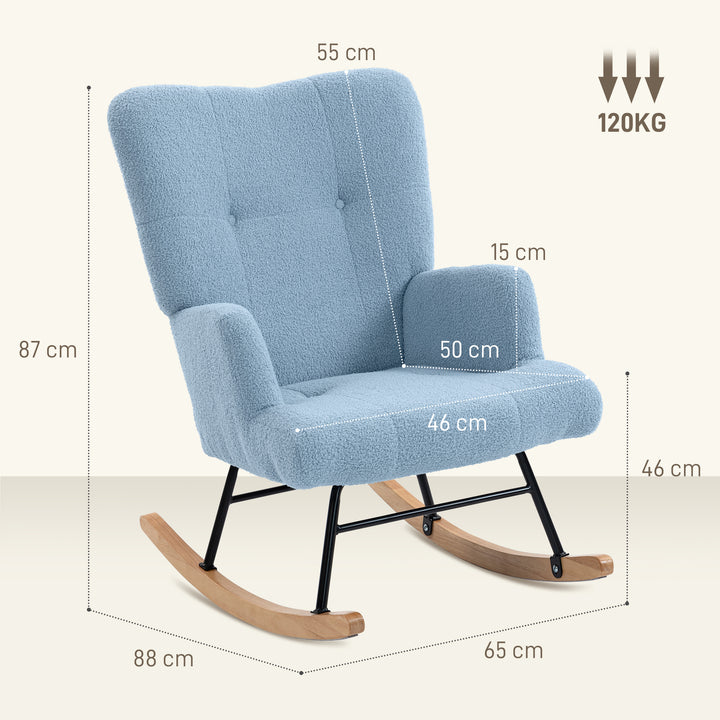 Poltrona Baloiço em Borrego Poltrona para Amamentação com Encosto Capitonê e Base de Madeira de Borracha Carga 120 kg Poltrona para Sala de Estar Dormitório 65x88x87 cm Azul Claro
