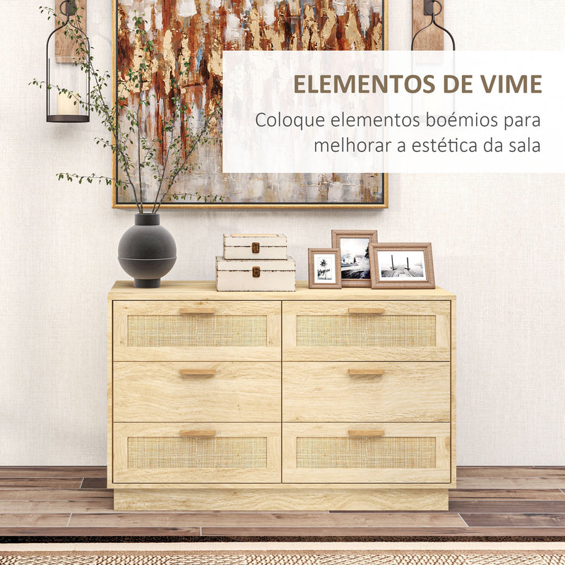 Cómoda para Quarto Cómoda de Madeira com 6 Gavetas de Vime Estilo Boêmio Cómoda para Corredor Sala de Estar Escritório 110x40x69 cm Carvalho