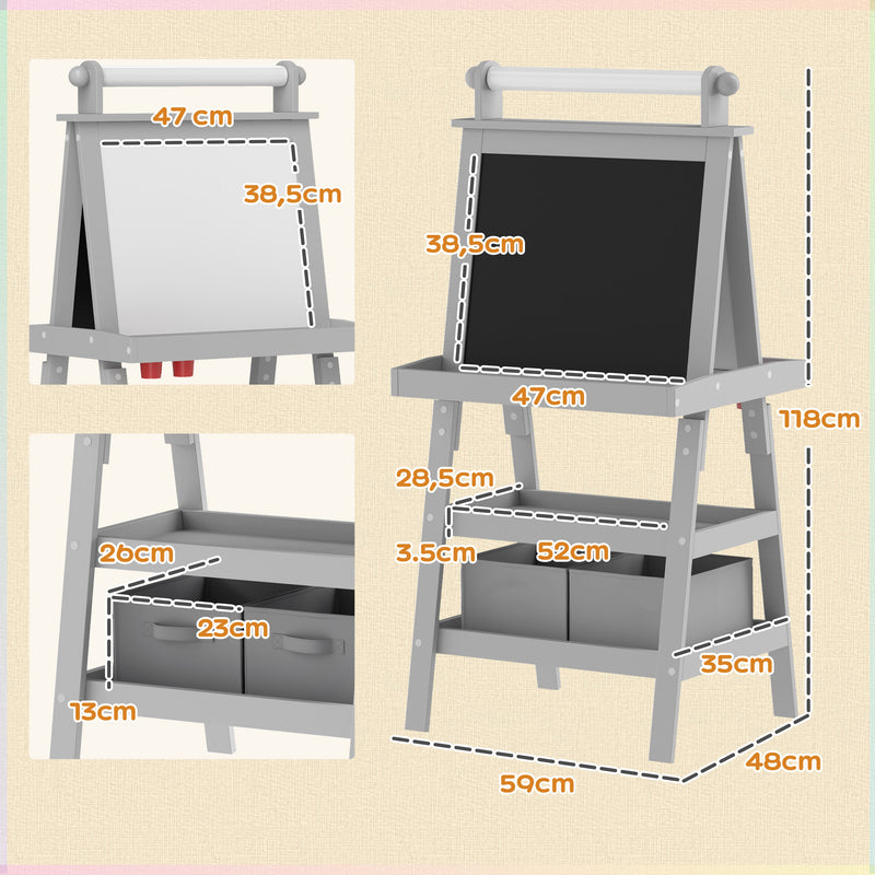 Quadro infantil Cavalete de Pintura Infantil 3 em 1 Quadro Magnético Dupla Face com Rolo de Papel e Cestos de Arrumação Cinzento