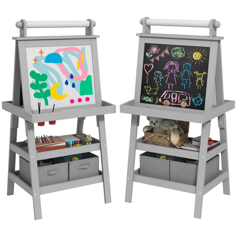 Quadro infantil Cavalete de Pintura Infantil 3 em 1 Quadro Magnético Dupla Face com Rolo de Papel e Cestos de Arrumação Cinzento