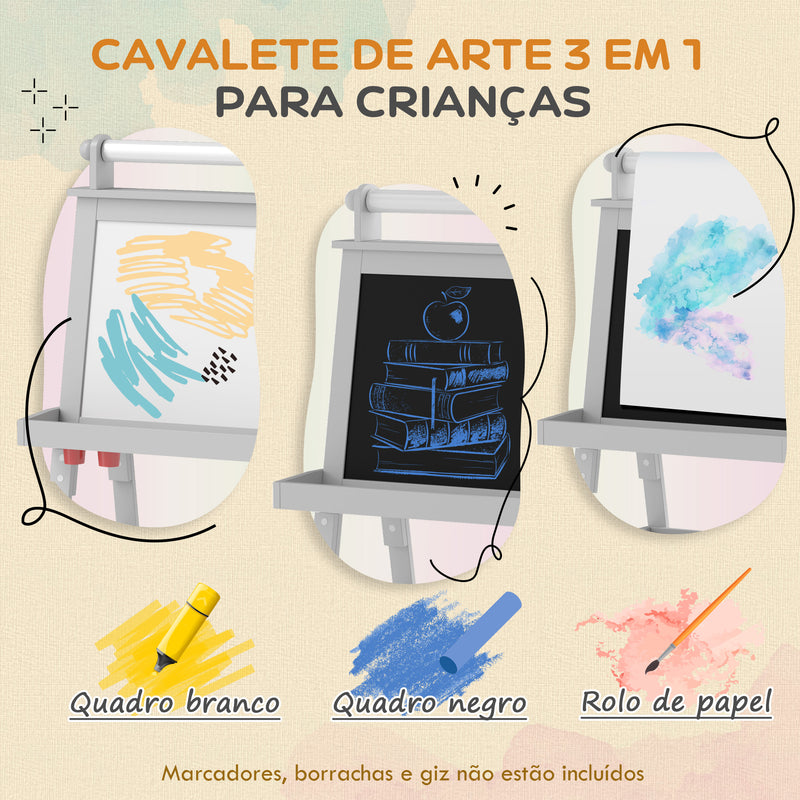 Quadro infantil Cavalete de Pintura Infantil 3 em 1 Quadro Magnético Dupla Face com Rolo de Papel e Cestos de Arrumação Cinzento