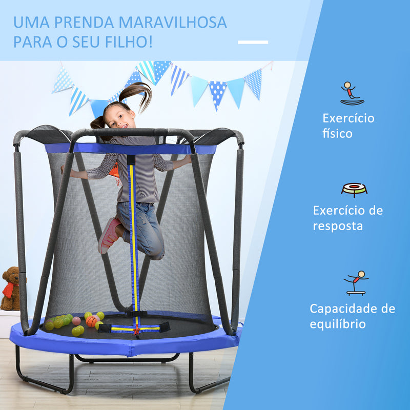 Trampolim Infantil Ø140x155 cm Trampolim para Crianças de 3-10 Anos com Rede de Segurança Cesta de Basquetebol e 20 Bolas de Plástico para Interior Azul