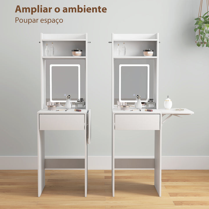 Tocador de Maquilhagem com Luzes LED de Cor Ajustável e Espelho Tocador com Lateral Rebatível Gaveta Compartimentos Abertos para Espaços Pequenos 45x45x152 cm Branco