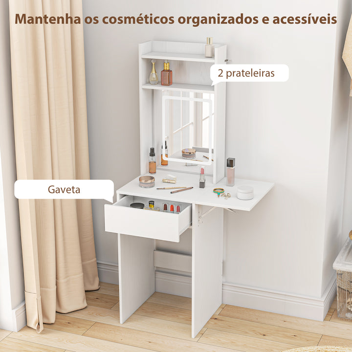 Tocador de Maquilhagem com Luzes LED de Cor Ajustável e Espelho Tocador com Lateral Rebatível Gaveta Compartimentos Abertos para Espaços Pequenos 45x45x152 cm Branco