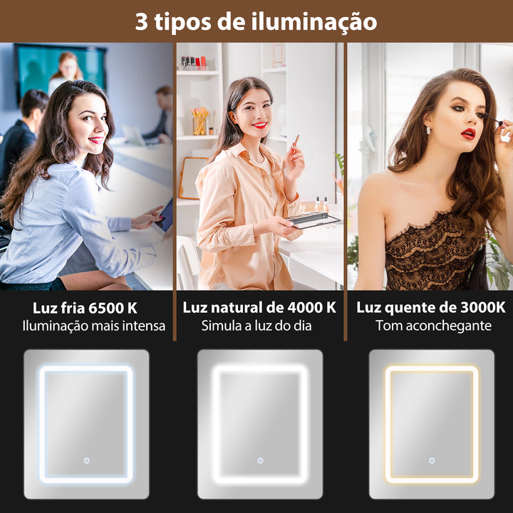 Tocador de Maquilhagem com Luzes LED de Cor Ajustável e Espelho Tocador com Lateral Rebatível Gaveta Compartimentos Abertos para Espaços Pequenos 45x45x152 cm Branco