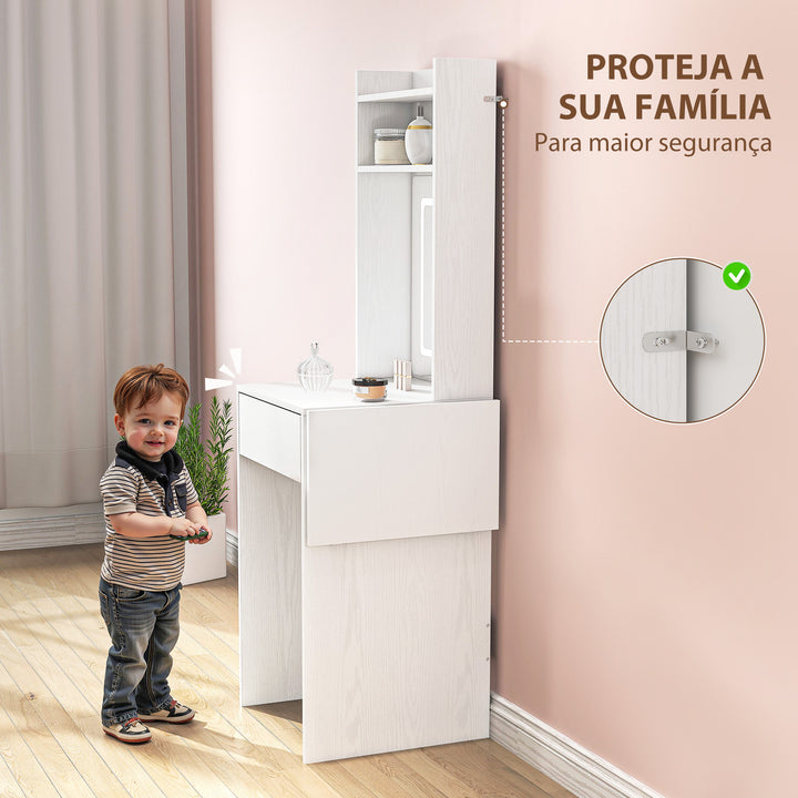 Tocador de Maquilhagem com Luzes LED de Cor Ajustável e Espelho Tocador com Lateral Rebatível Gaveta Compartimentos Abertos para Espaços Pequenos 45x45x152 cm Branco