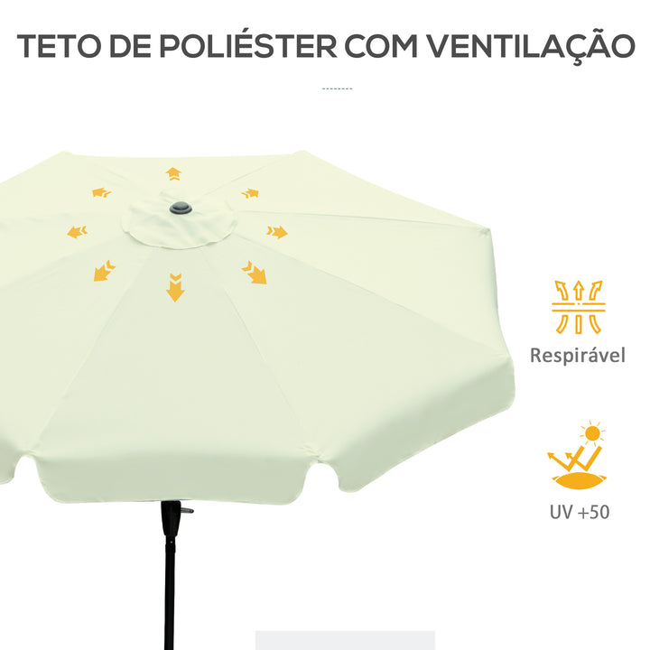 Chapéu de Sol de Jardim Ø266x250 cm Proteção UV50+ Chapéu de Sol de Alumínio Inclinável com Teto de Ventilação Manivela para Terraço Varanda Exterior Bege
