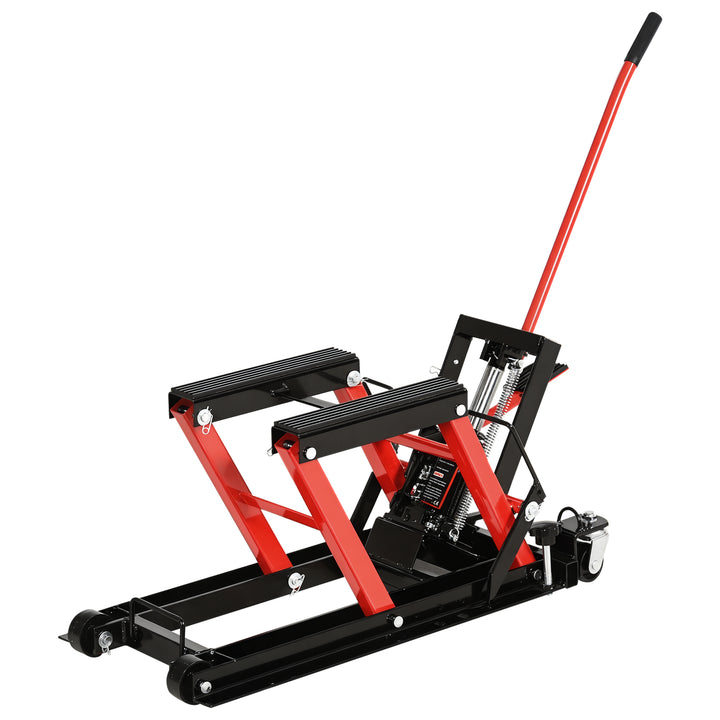 Macaco hidráulico de aço para motocicleta Suporte 680 kg 110x36x67 cm Preto e Vermelho