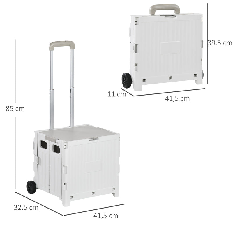 Carrinho de Armazenamento Dobrável Carrinho de Compras com 2 Rodas Comprimento de Pega Ajustável Capacidade 32L para Escritório Escola Casa 41,5x32,5x85 cm Branco