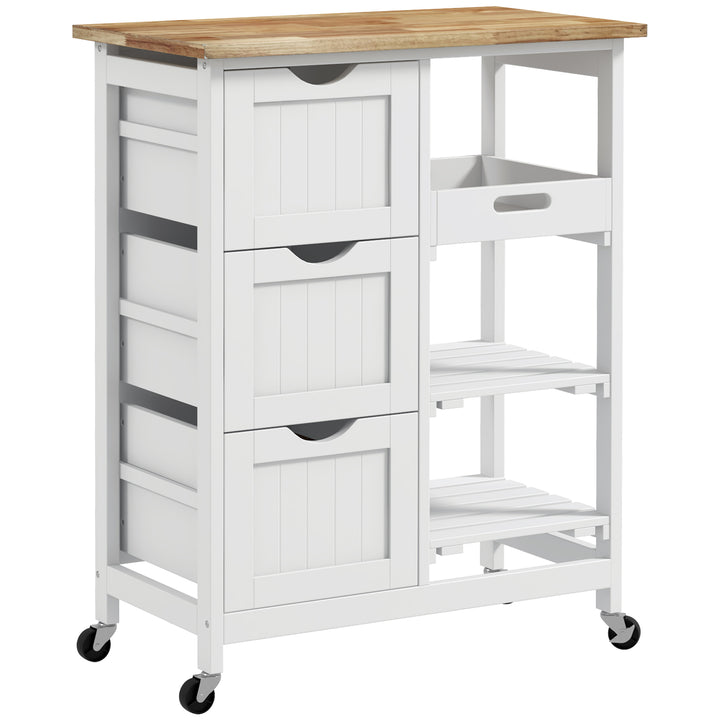 Carrinho de Cozinha com Rodas Carrinho de Serviço Multiuso com 3 Gavetas 2 Prateleiras Abertas e Bandeja para Sala de Jantar Sala de Estar 67x37x85,5cm Branco