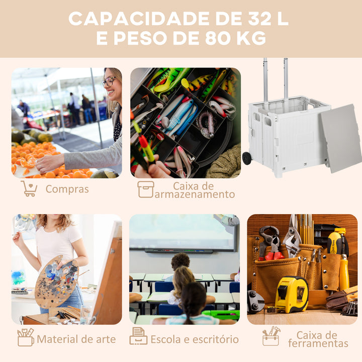 Carrinho de Armazenamento Dobrável Carrinho de Compras com 2 Rodas Comprimento de Pega Ajustável Capacidade 32L para Escritório Escola Casa 41,5x32,5x85 cm Branco