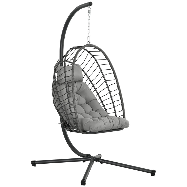 Poltrona Suspensa de Vime Poltrona Suspensa Dobrável com 2 Almofadas e Estrutura de Aço Capacidade 100 kg para Uso Interior e Exterior 100x131x194 cm Cinza Escuro