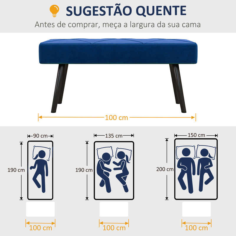 Banco de Pé de Cama Multifuncional Banco de Pé de Cama Moderno Banco de Dormitório com Pés de Aço e Assento Acolchoado Carga Máxima 120 kg Entrada Corredor 100x36x45 cm Azul