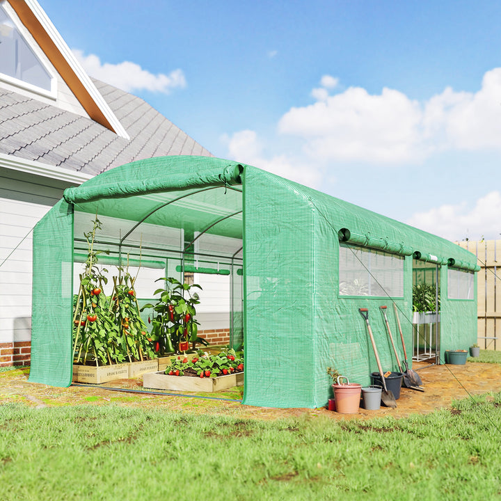 Estufa de Exterior 6x3x2 m, Estufa Tipo Túnel com 3 Portas Enroláveis, Janelas com Rede, Cobertura PE 140g/m² Anti-UV e Estrutura de Aço Galvanizado, para Cultivo de Plantas, Verde