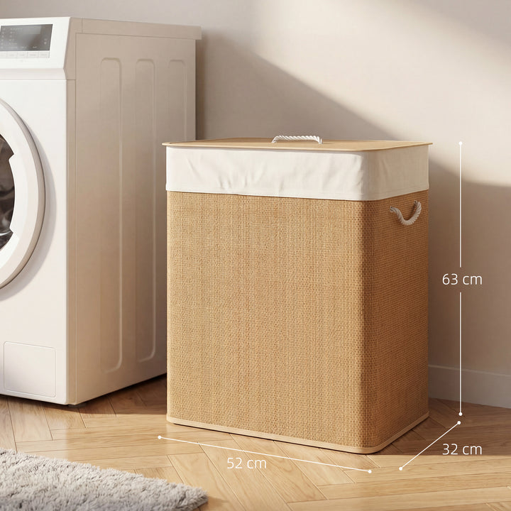Cesto de Roupa com Tampa 100L Cesto para Roupa Suja de Bambu com 2 Compartimentos Bolsa Interior Amóvivel para Lavandaria Casa de Banho 52x32x63 cm Madeira e Creme