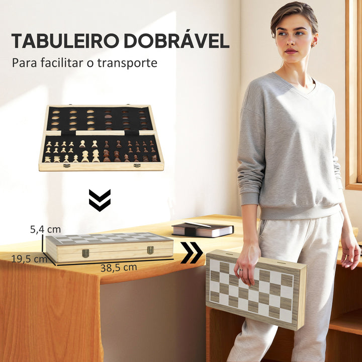 Conjunto de Xadrez e Damas em Madeira 2 em 1 Tabuleiro Dobrável com Peças de Pinho e Compartimentos de Armazenamento para Crianças e Adultos 38,5x38,5x2,8 cm Madeira e Branco