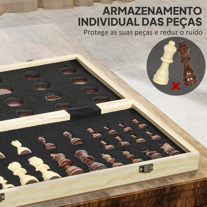Conjunto de Xadrez e Damas em Madeira 2 em 1 Tabuleiro Dobrável com Peças de Pinho e Compartimentos de Armazenamento para Crianças e Adultos 38,5x38,5x2,8 cm Madeira e Branco