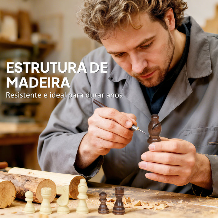 Conjunto de Xadrez e Damas em Madeira 2 em 1 Tabuleiro Dobrável com Peças de Pinho e Compartimentos de Armazenamento para Crianças e Adultos 38,5x38,5x2,8 cm Madeira e Branco