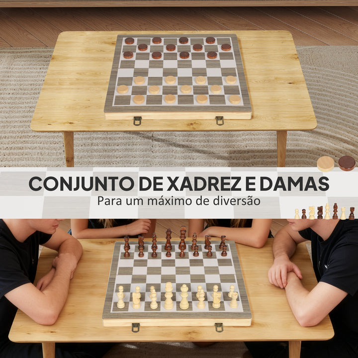 Conjunto de Xadrez e Damas em Madeira 2 em 1 Tabuleiro Dobrável com Peças de Pinho e Compartimentos de Armazenamento para Crianças e Adultos 38,5x38,5x2,8 cm Madeira e Branco