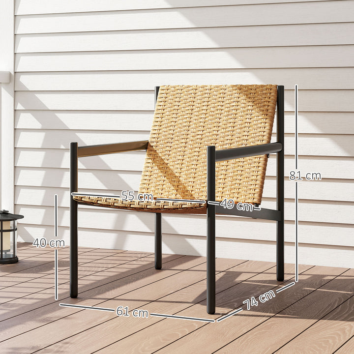 Cadeira de Jardim em Vime Individual Cadeira para Exterior Resistente às Intempéries com Apoios de Braços Encosto Inclinado e Estrutura de Aço Carga 120 kg para Pátio Varanda 61x74x81 cm Madeira