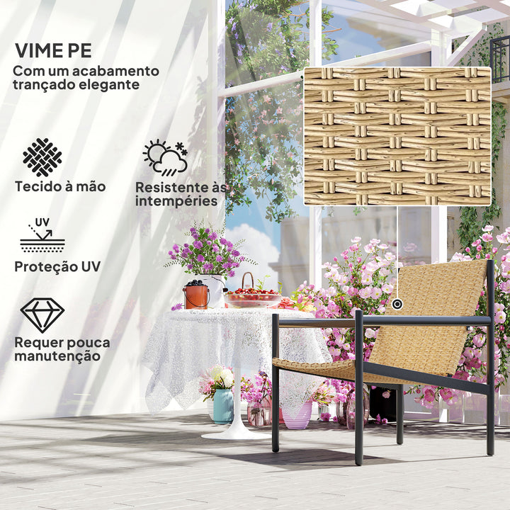 Cadeira de Jardim em Vime Individual Cadeira para Exterior Resistente às Intempéries com Apoios de Braços Encosto Inclinado e Estrutura de Aço Carga 120 kg para Pátio Varanda 61x74x81 cm Madeira