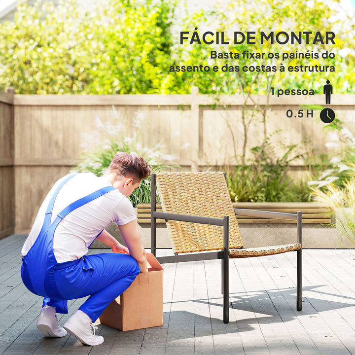 Cadeira de Jardim em Vime Individual Cadeira para Exterior Resistente às Intempéries com Apoios de Braços Encosto Inclinado e Estrutura de Aço Carga 120 kg para Pátio Varanda 61x74x81 cm Madeira