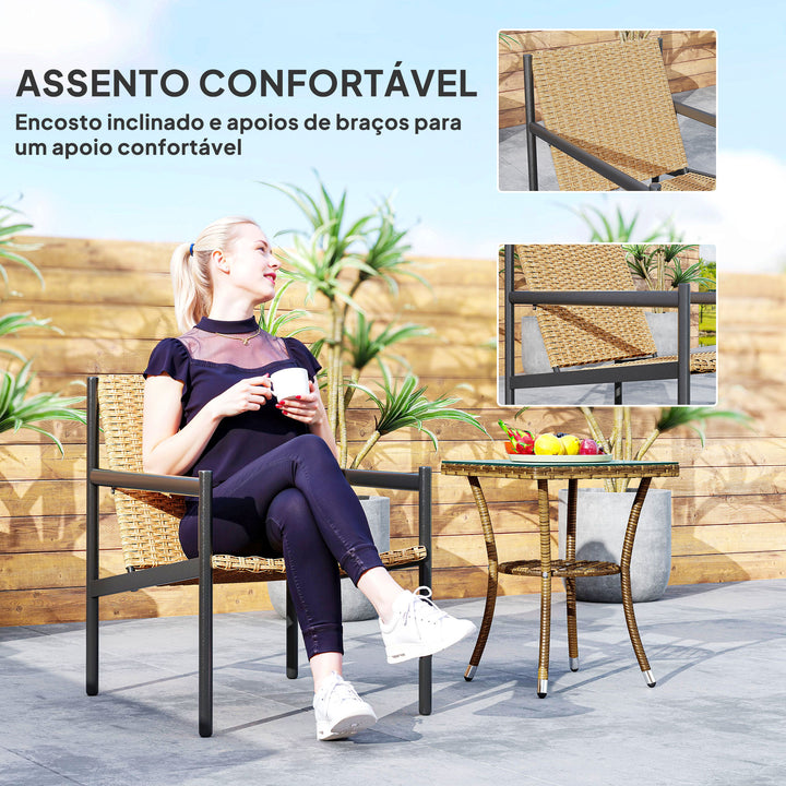 Cadeira de Jardim em Vime Individual Cadeira para Exterior Resistente às Intempéries com Apoios de Braços Encosto Inclinado e Estrutura de Aço Carga 120 kg para Pátio Varanda 61x74x81 cm Madeira