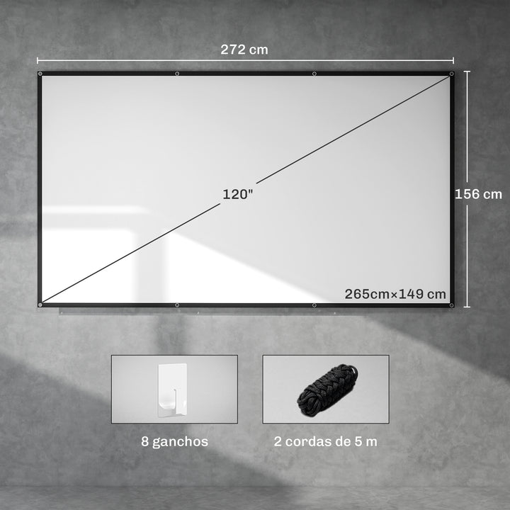 Tela de Projetor Manual 120 Polegadas, Ecrã de Projeção, Formato 16:9, HD 4K/8K, Tecido Lavável, para Interior e Exterior, Cinema em Casa, Escritório, Pátio, Branco