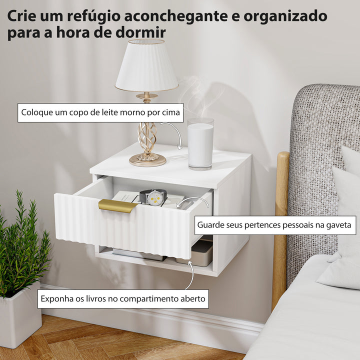 Conjunto de 2 Mesas de Cabeceira Flutuantes Estreitas Mesas de Cabeceira para Quarto com Gaveta com Frente Canelada e Prateleira Aberta 40x34x29 cm Branco