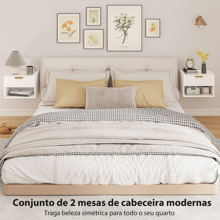 Conjunto de 2 Mesas de Cabeceira Flutuantes Estreitas Mesas de Cabeceira para Quarto com Gaveta com Frente Canelada e Prateleira Aberta 40x34x29 cm Branco