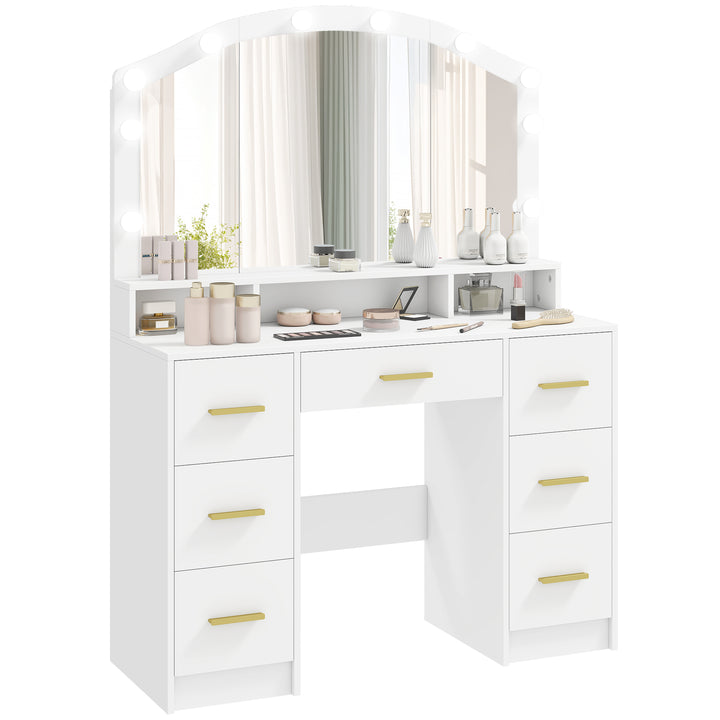Toucador com 10 Luzes LED de 3 Cores Toucador de Maquilhagem com Espelho Mesa de Maquilhagem com 7 Gavetas 3 Compartimentos Moderno para Quarto Sala Branco