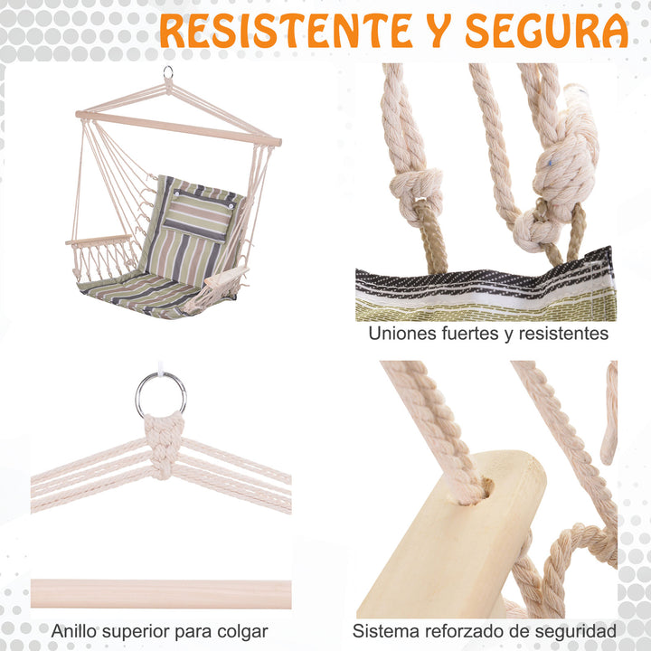 Cadeira de rede suspensa listrada com almofada encosto apoio de cabeça 100x106 cm máx. 105 kg