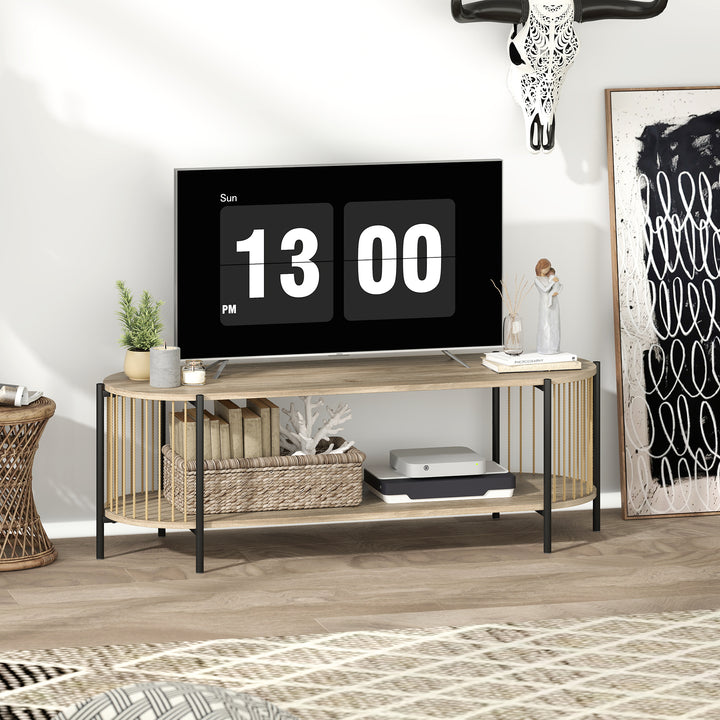 Móvel de TV Estilo Boémio Móvel de TV até 55 Polegadas com Detalhes em Corda de Papel e 2 Prateleiras Abertas para Sala de Estar Quarto 124x43,5x41 cm Madeira