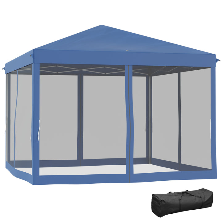 Tenda Dobrável 295x295x260 cm Tenda de Jardim com 4 Paredes Laterais de Malha 8 Orifícios de Drenagem e Bolsa de Transporte para Jardim Pátio Festas Azul