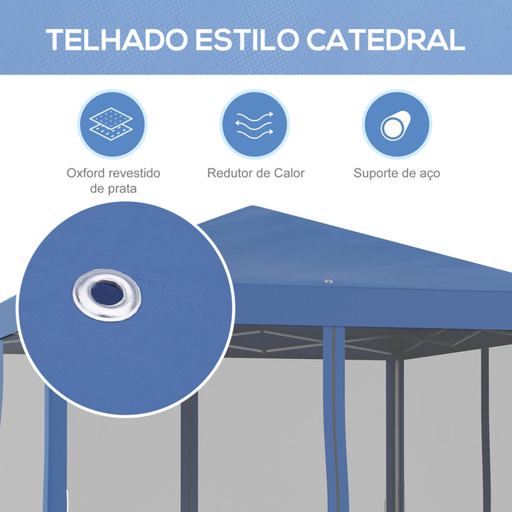 Tenda Dobrável 295x295x260 cm Tenda de Jardim com 4 Paredes Laterais de Malha 8 Orifícios de Drenagem e Bolsa de Transporte para Jardim Pátio Festas Azul