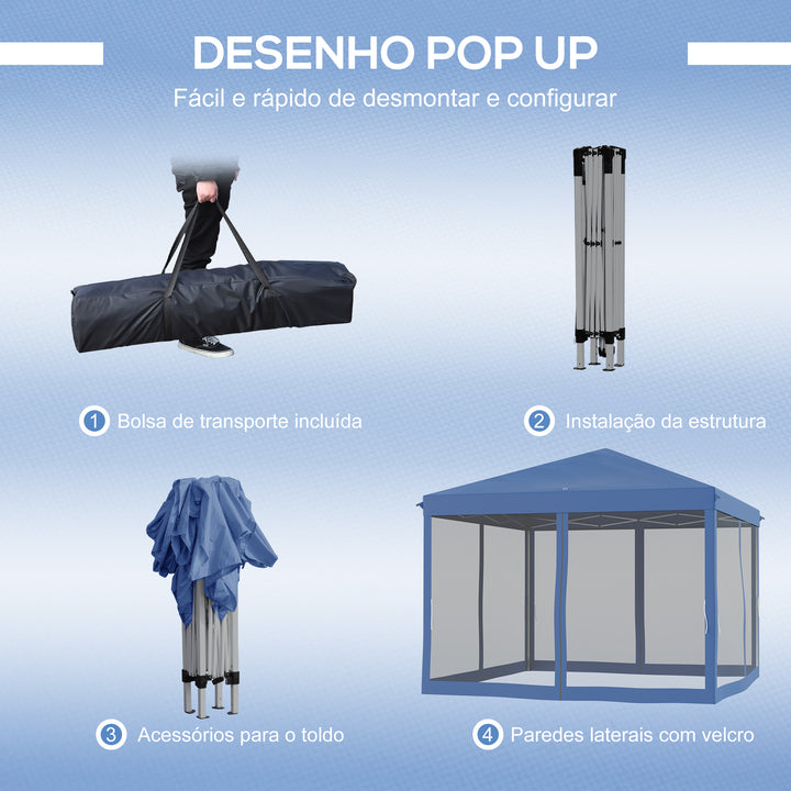Tenda Dobrável 295x295x260 cm Tenda de Jardim com 4 Paredes Laterais de Malha 8 Orifícios de Drenagem e Bolsa de Transporte para Jardim Pátio Festas Azul