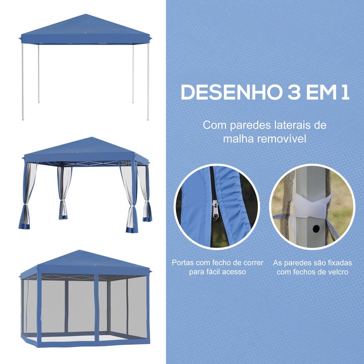 Tenda Dobrável 295x295x260 cm Tenda de Jardim com 4 Paredes Laterais de Malha 8 Orifícios de Drenagem e Bolsa de Transporte para Jardim Pátio Festas Azul