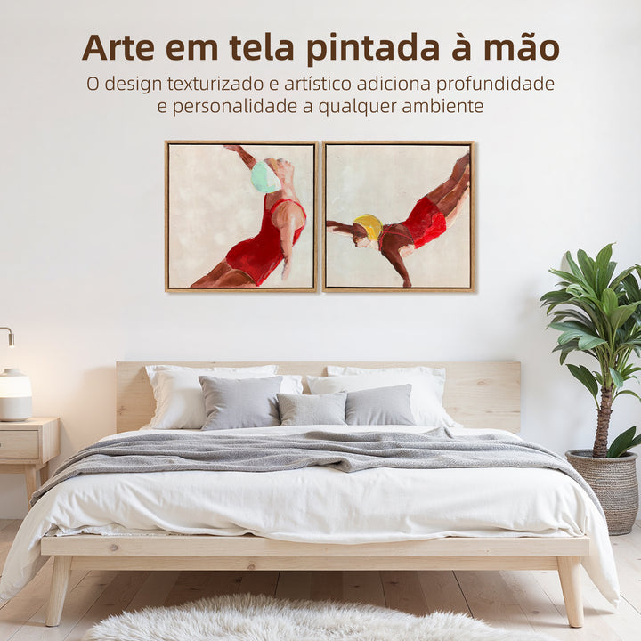 Pinturas em Tela de Figuras Dinâmicas à Mão 40x40 cm 2 Peças Pinturas de Arte de Parede Emolduradas Decoração Moderna para Quarto Sala Cozinha Vermelho