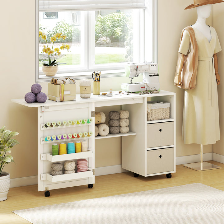 Mesa de Costura Dobrável com 6 Rodas Móvel para Máquina de Costura com 18 Pinos para Linhas 2 Gavetas de Tecido 3 Compartimentos Armário de Costura para Escritório Sala Branco
